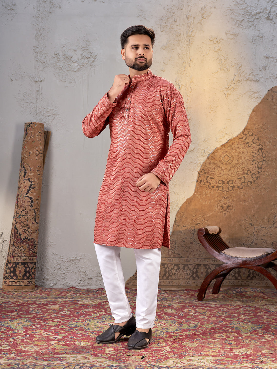 Shopgarb Men’s Dark Peach Rayon Sequin Embroidered Kurta – Festive and Ethnic Wear