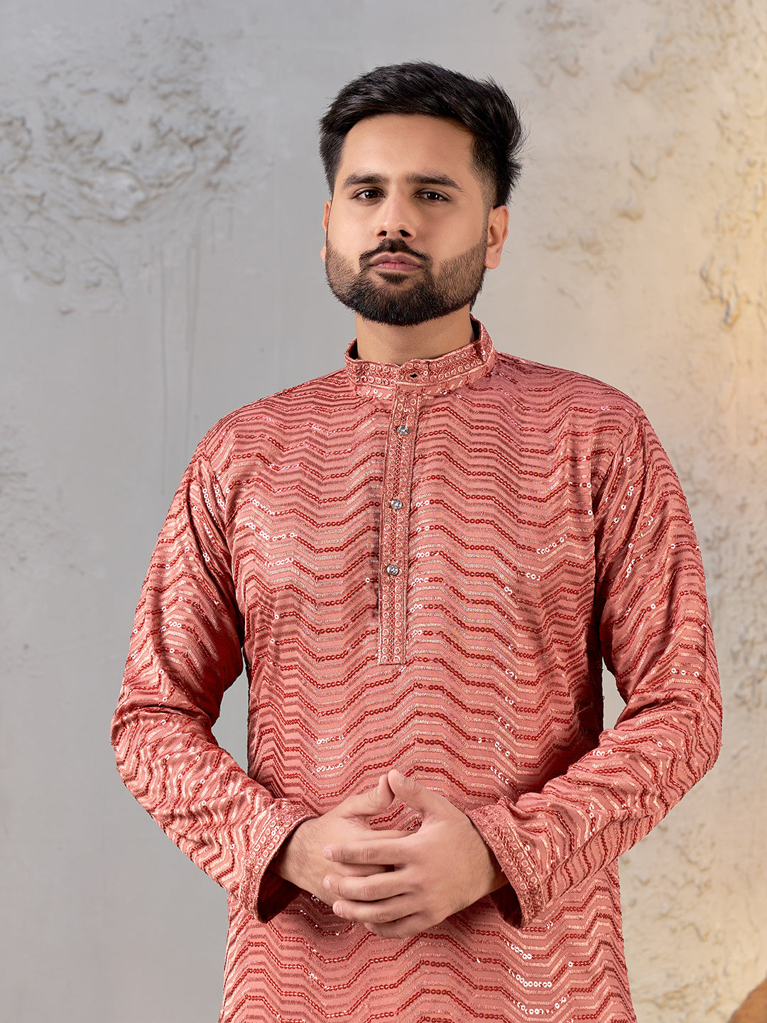 Shopgarb Men’s Dark Peach Rayon Sequin Embroidered Kurta – Festive and Ethnic Wear