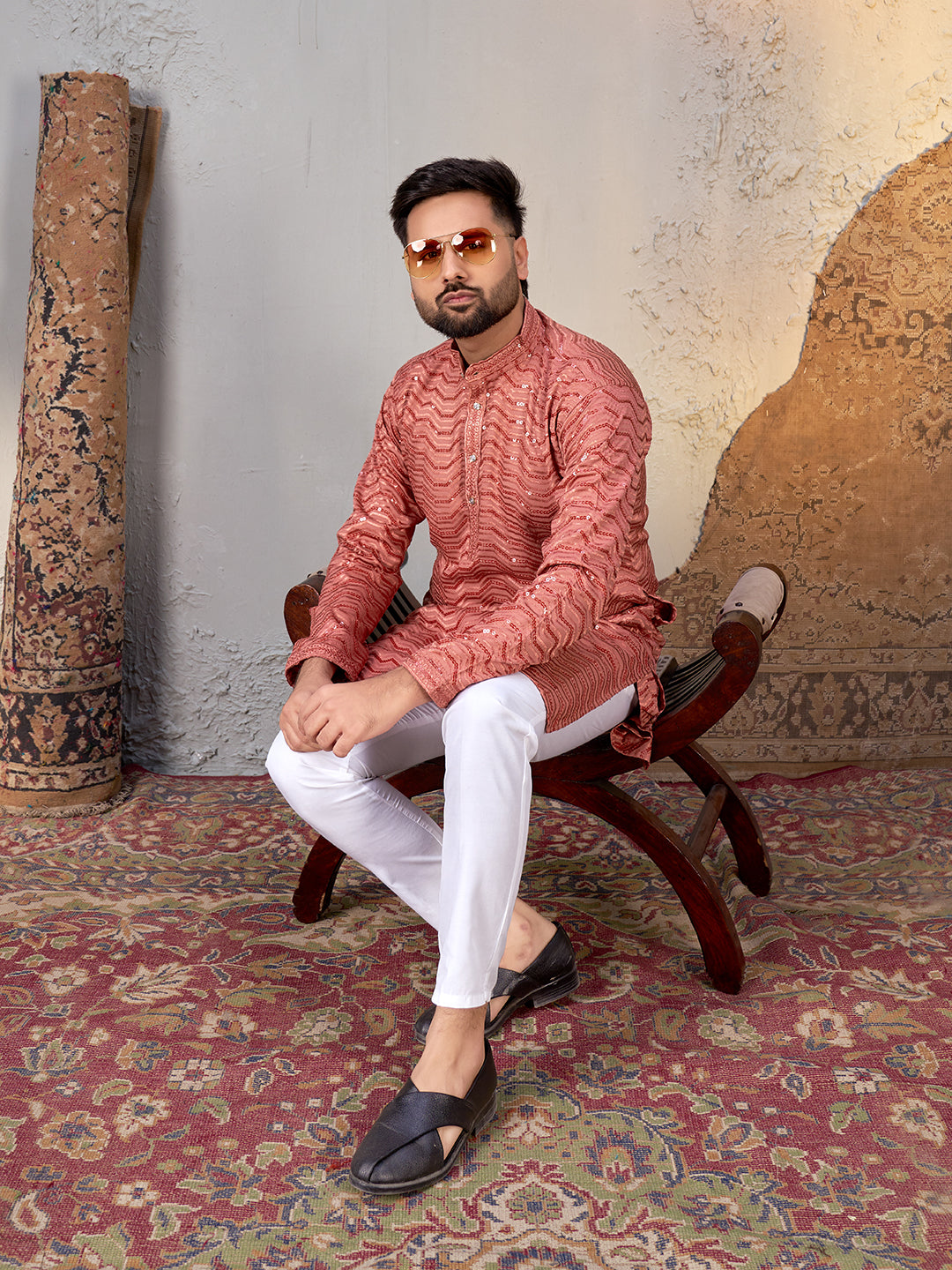 Shopgarb Men’s Dark Peach Rayon Sequin Embroidered Kurta – Festive and Ethnic Wear