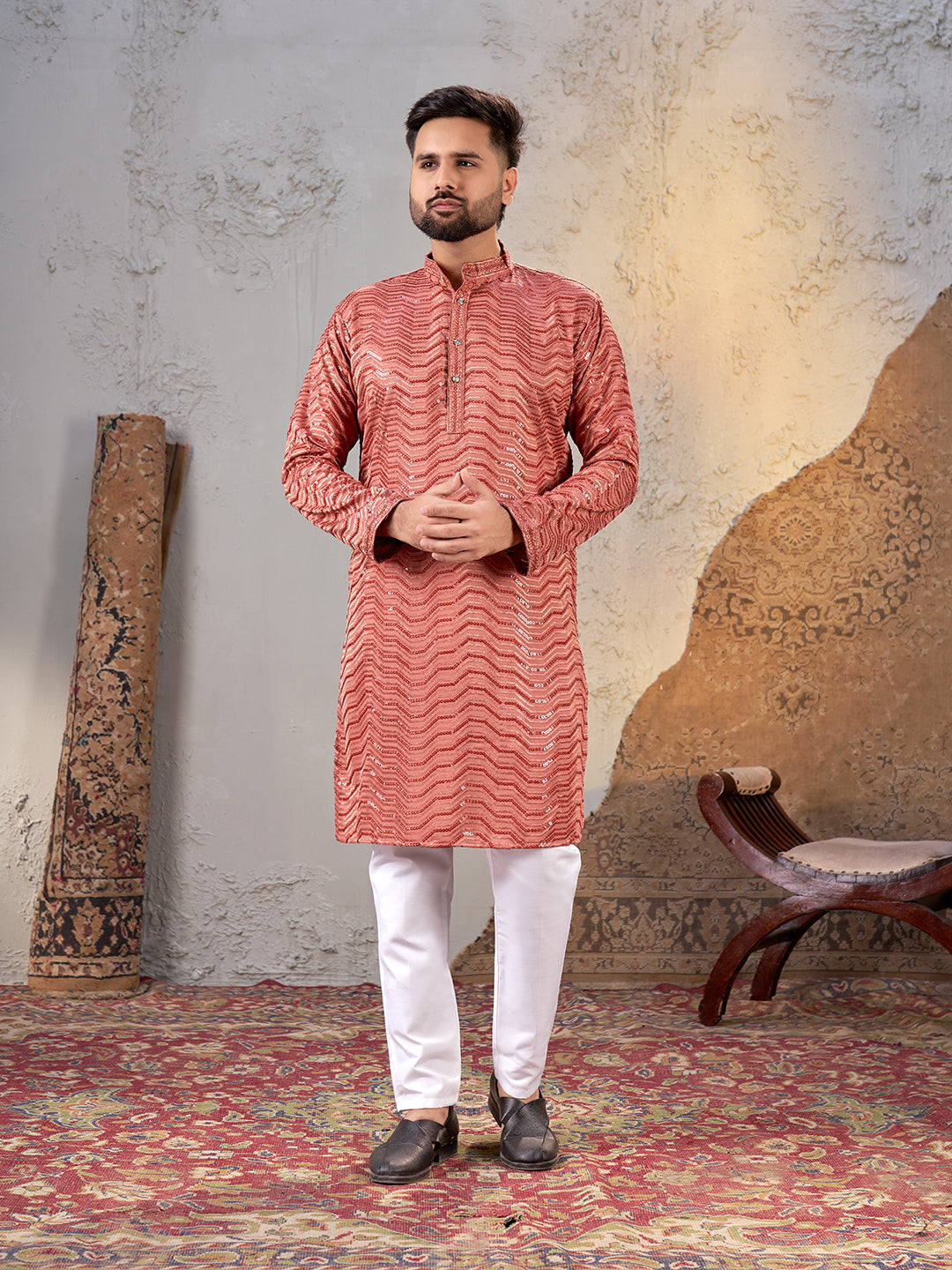 Shopgarb Men’s Dark Peach Rayon Sequin Embroidered Kurta – Festive and Ethnic Wear