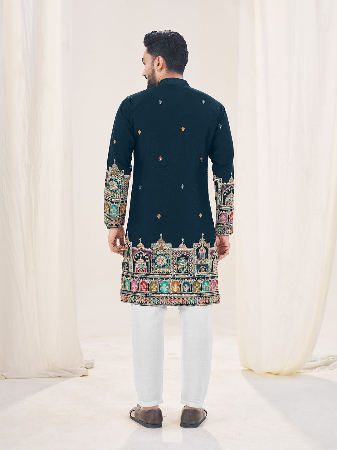 Embroidered Mandarin Collar Thread Work Silk Straight Kurta