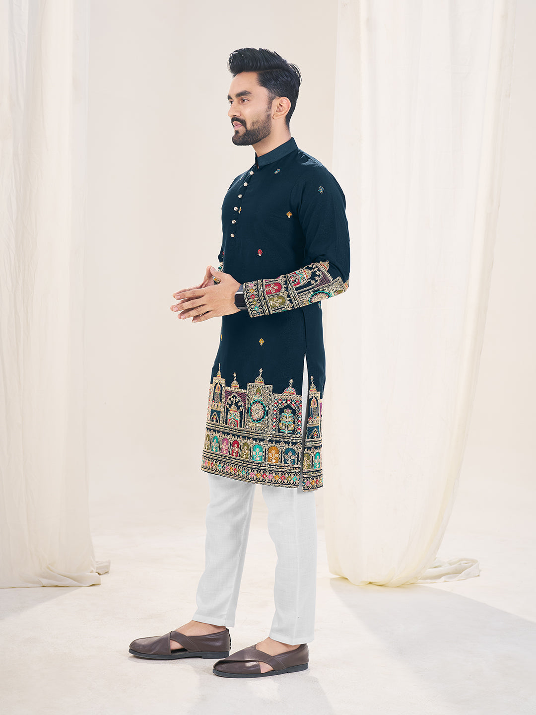 Embroidered Mandarin Collar Thread Work Silk Straight Kurta