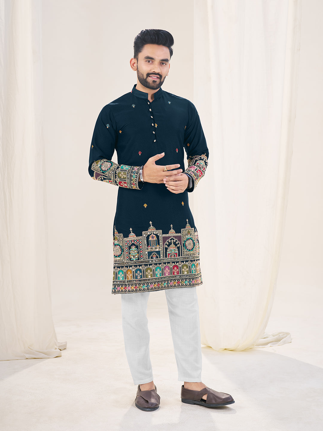 Embroidered Mandarin Collar Thread Work Silk Straight Kurta