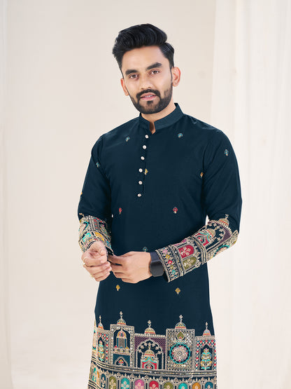 Embroidered Mandarin Collar Thread Work Silk Straight Kurta