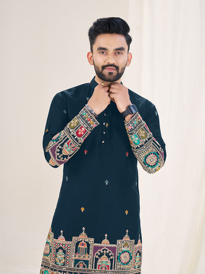 Embroidered Mandarin Collar Thread Work Silk Straight Kurta