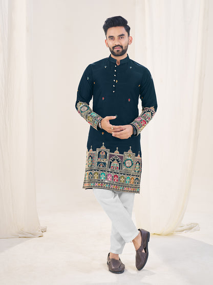Embroidered Mandarin Collar Thread Work Silk Straight Kurta