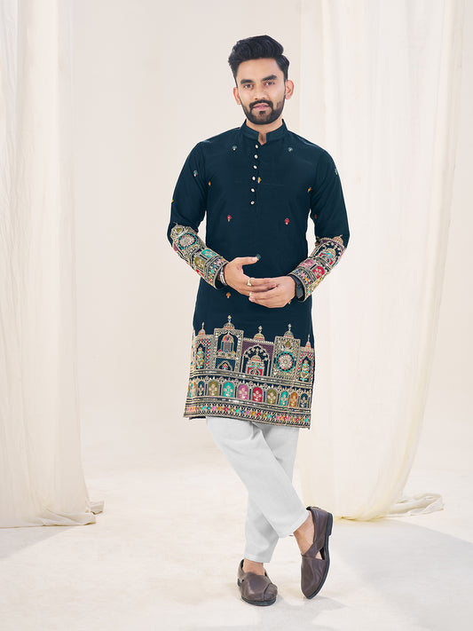 Embroidered Mandarin Collar Thread Work Silk Straight Kurta