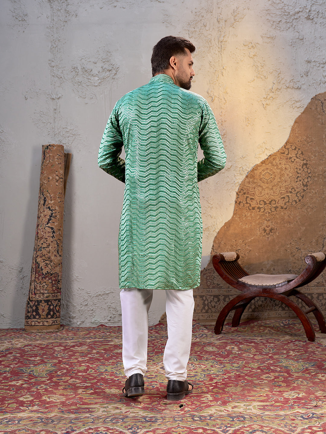 Shopgarb Men’s Sea Green Rayon Sequin Embroidered Kurta – Festive and Ethnic Wear