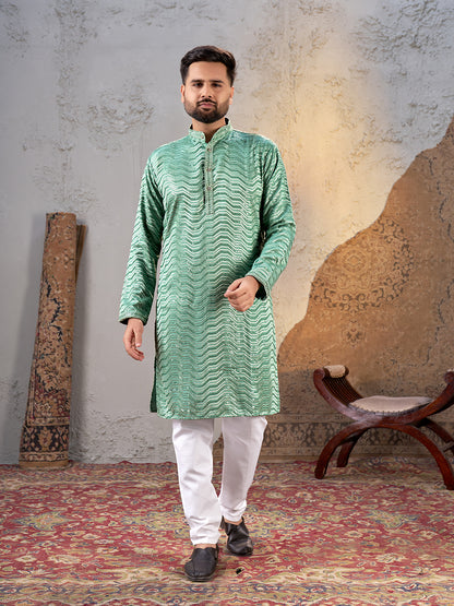 Shopgarb Men’s Sea Green Rayon Sequin Embroidered Kurta – Festive and Ethnic Wear