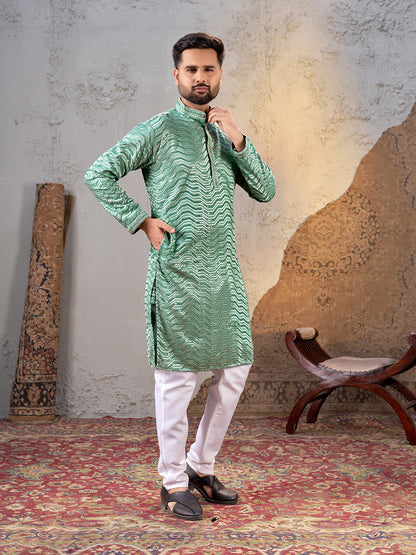 Shopgarb Men’s Sea Green Rayon Sequin Embroidered Kurta – Festive and Ethnic Wear