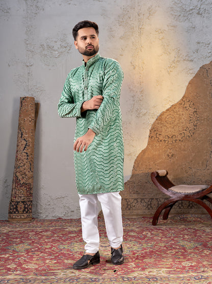 Shopgarb Men’s Sea Green Rayon Sequin Embroidered Kurta – Festive and Ethnic Wear