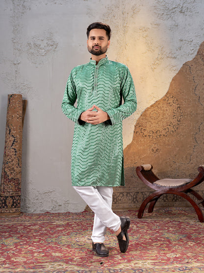 Shopgarb Men’s Sea Green Rayon Sequin Embroidered Kurta – Festive and Ethnic Wear