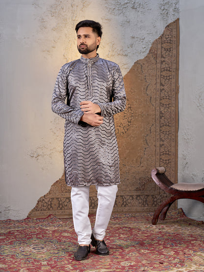 Shopgarb Men’s Grey Rayon Sequin Embroidered Kurta – Festive and Ethnic Wear