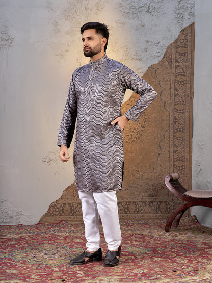 Shopgarb Men’s Grey Rayon Sequin Embroidered Kurta – Festive and Ethnic Wear