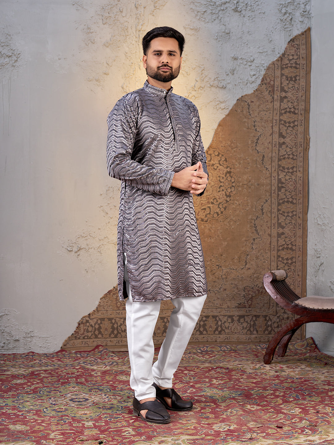 Shopgarb Men’s Grey Rayon Sequin Embroidered Kurta – Festive and Ethnic Wear