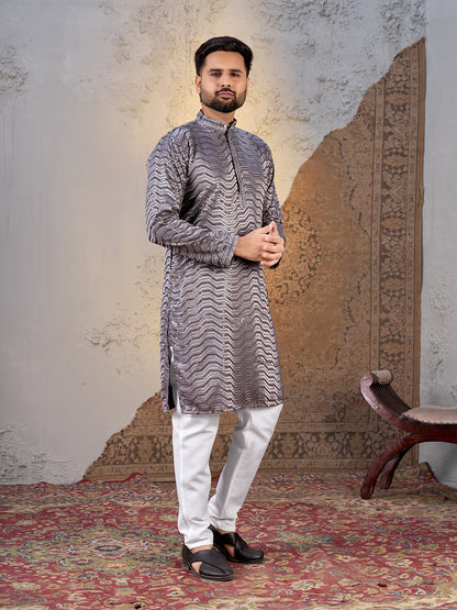 Shopgarb Men’s Grey Rayon Sequin Embroidered Kurta – Festive and Ethnic Wear
