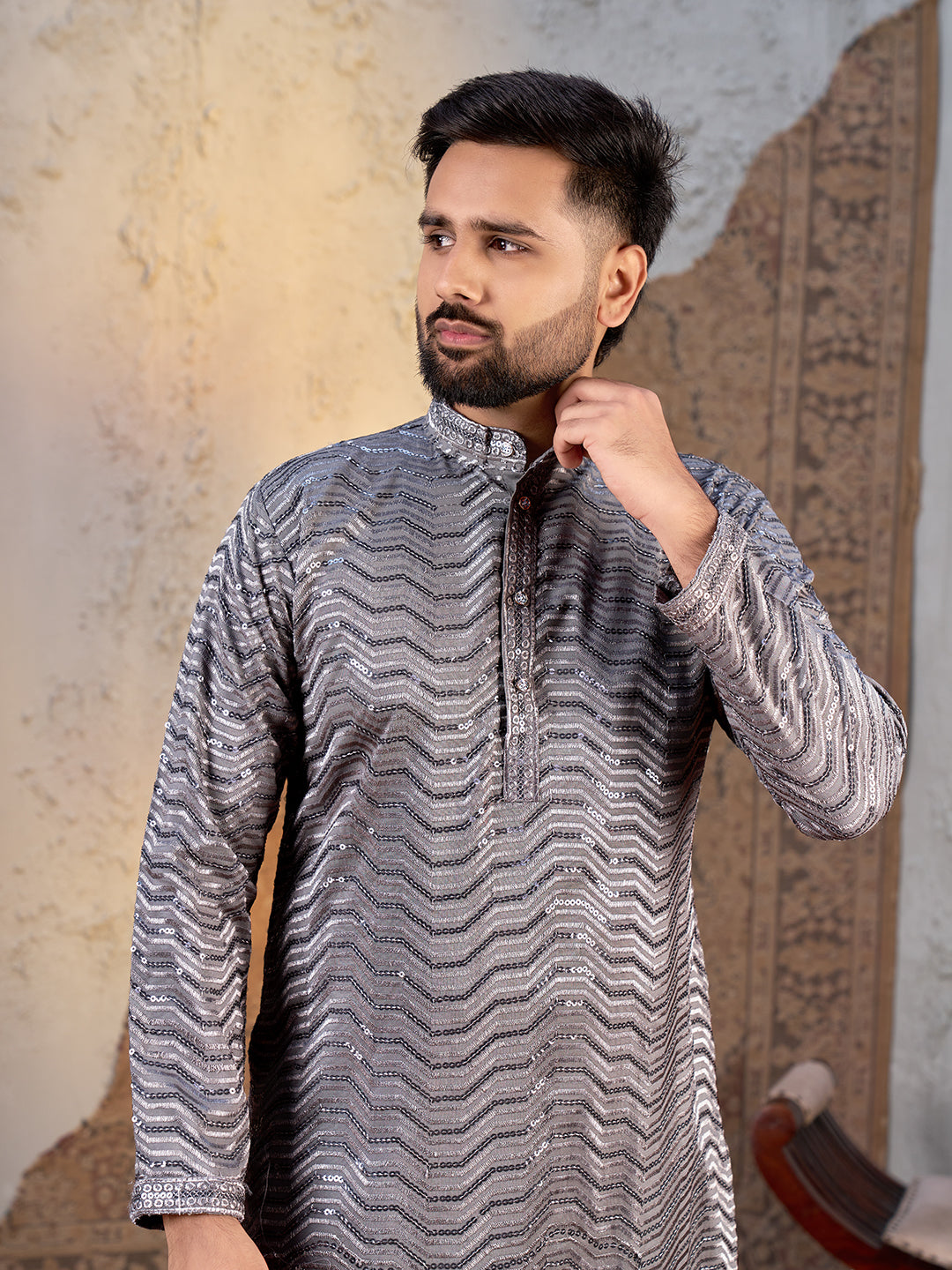 Shopgarb Men’s Grey Rayon Sequin Embroidered Kurta – Festive and Ethnic Wear