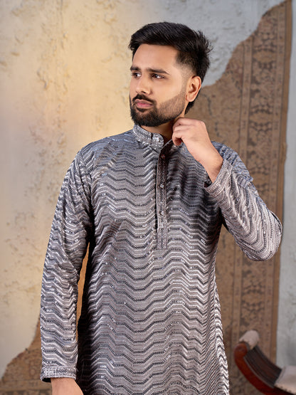 Shopgarb Men’s Grey Rayon Sequin Embroidered Kurta – Festive and Ethnic Wear