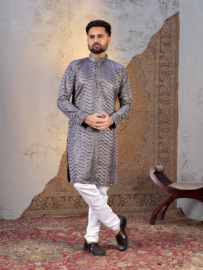Shopgarb Men’s Grey Rayon Sequin Embroidered Kurta – Festive and Ethnic Wear