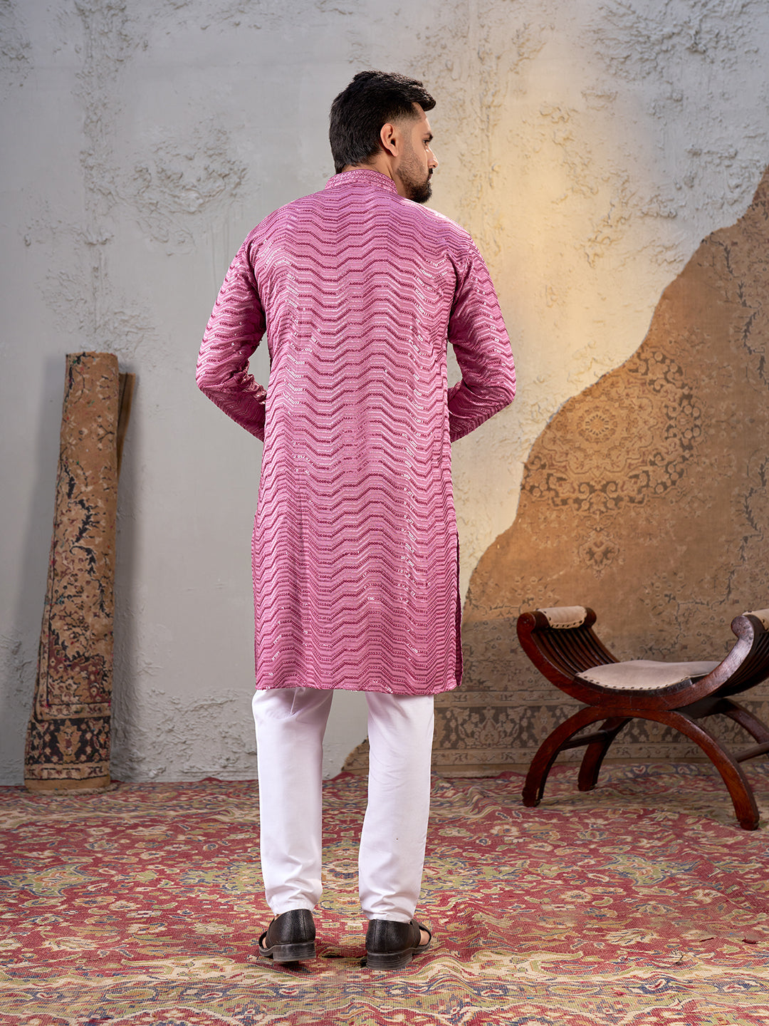 Shopgarb Men’s Pink Rayon Sequin Embroidered Kurta – Festive and Ethnic Wear