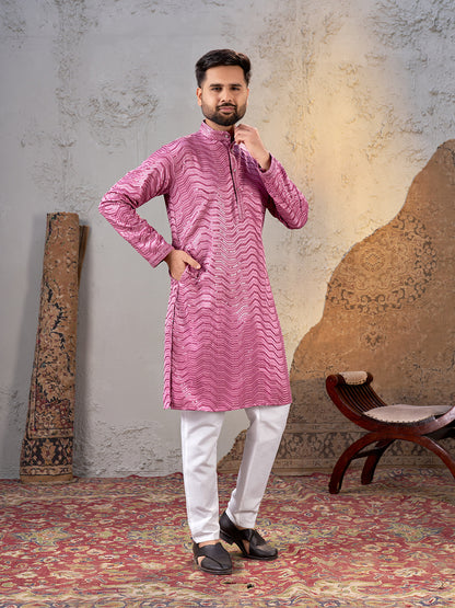 Shopgarb Men’s Pink Rayon Sequin Embroidered Kurta – Festive and Ethnic Wear