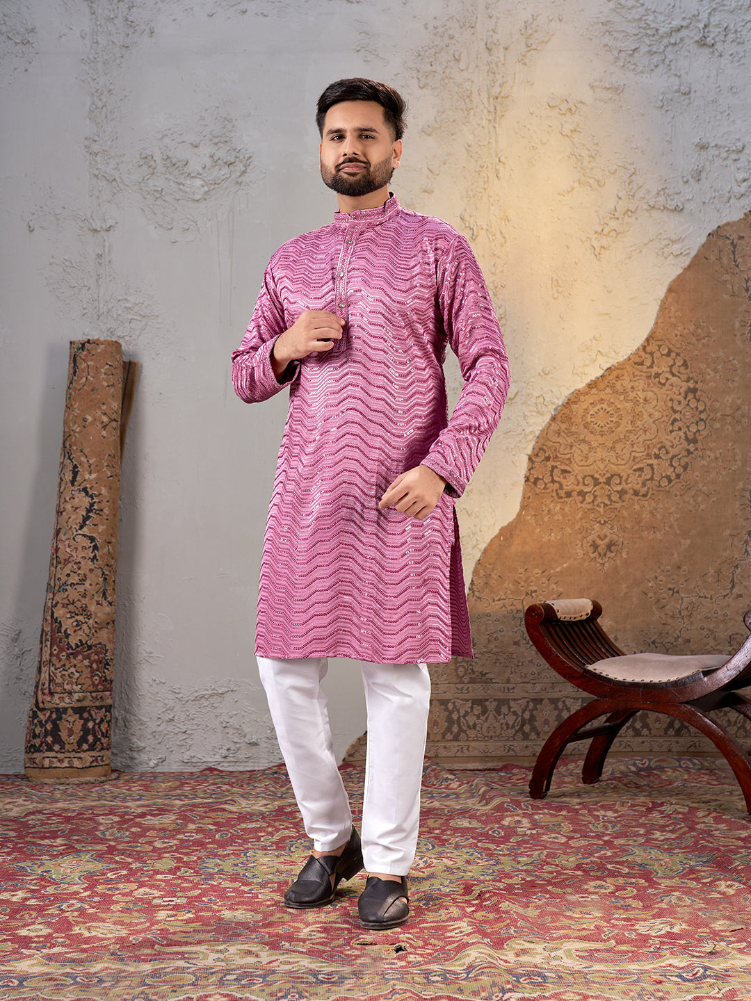 Shopgarb Men’s Pink Rayon Sequin Embroidered Kurta – Festive and Ethnic Wear
