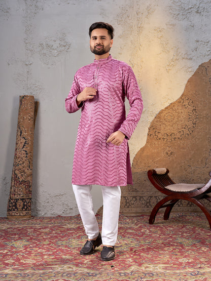 Shopgarb Men’s Pink Rayon Sequin Embroidered Kurta – Festive and Ethnic Wear