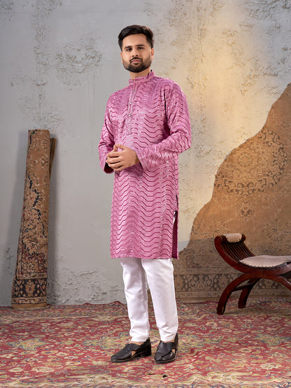 Shopgarb Men’s Pink Rayon Sequin Embroidered Kurta – Festive and Ethnic Wear