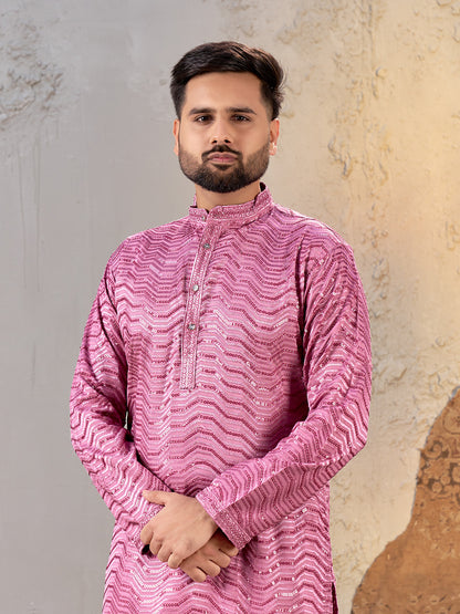 Shopgarb Men’s Pink Rayon Sequin Embroidered Kurta – Festive and Ethnic Wear