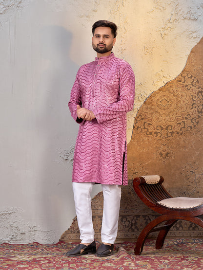 Shopgarb Men’s Pink Rayon Sequin Embroidered Kurta – Festive and Ethnic Wear