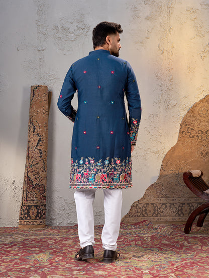 Shopgarb Men’s Navy Blue Star Georgette Embroidered Kurta – Festive and Ethnic Wear