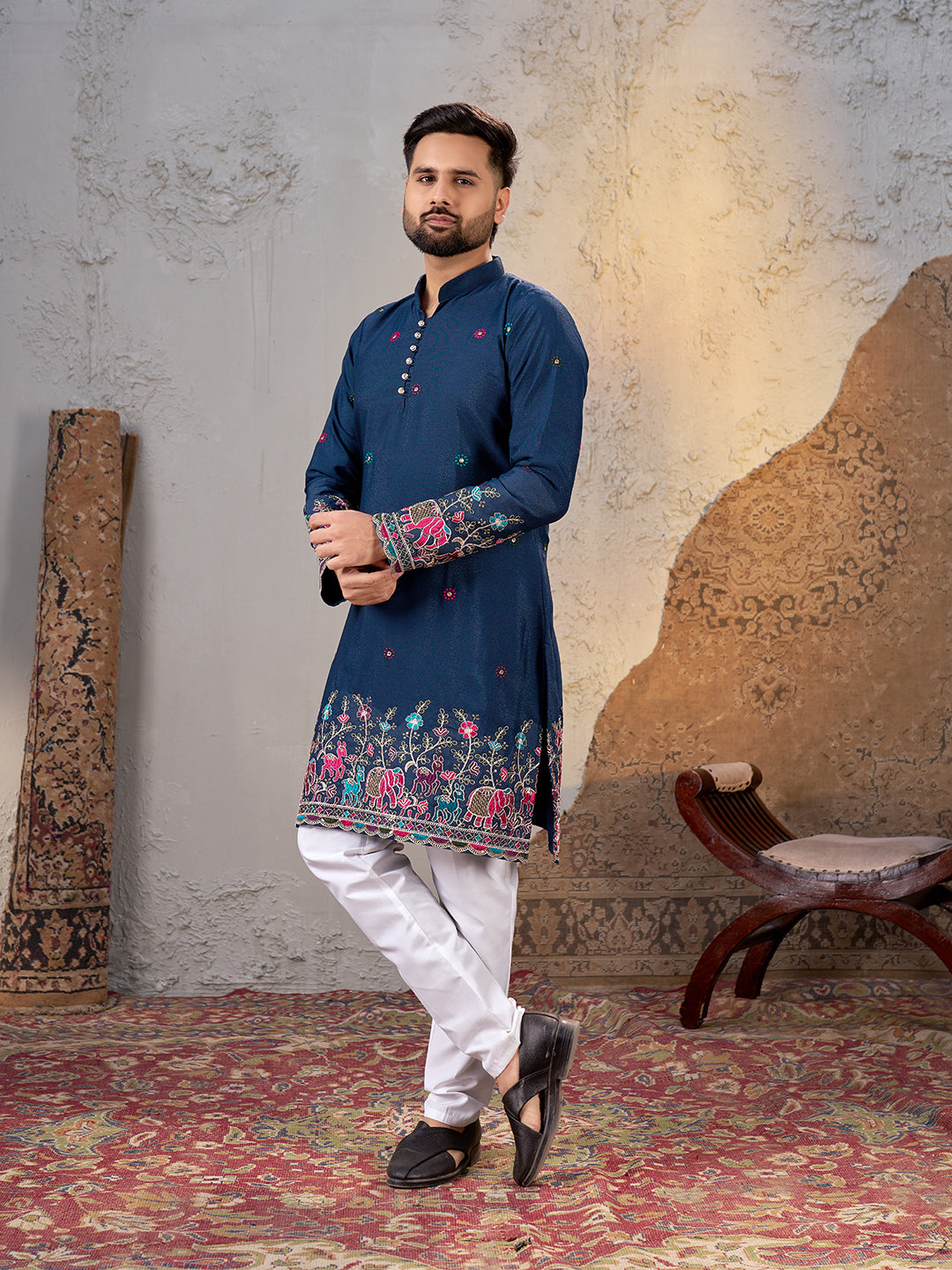 Shopgarb Men’s Navy Blue Star Georgette Embroidered Kurta – Festive and Ethnic Wear