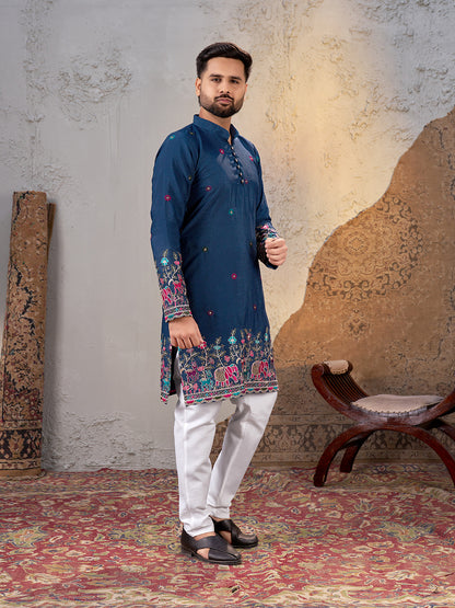 Shopgarb Men’s Navy Blue Star Georgette Embroidered Kurta – Festive and Ethnic Wear
