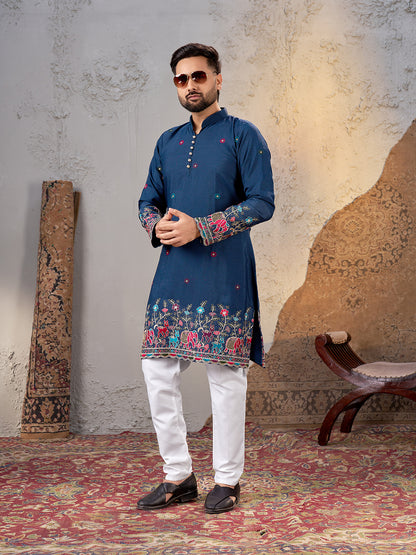 Shopgarb Men’s Navy Blue Star Georgette Embroidered Kurta – Festive and Ethnic Wear