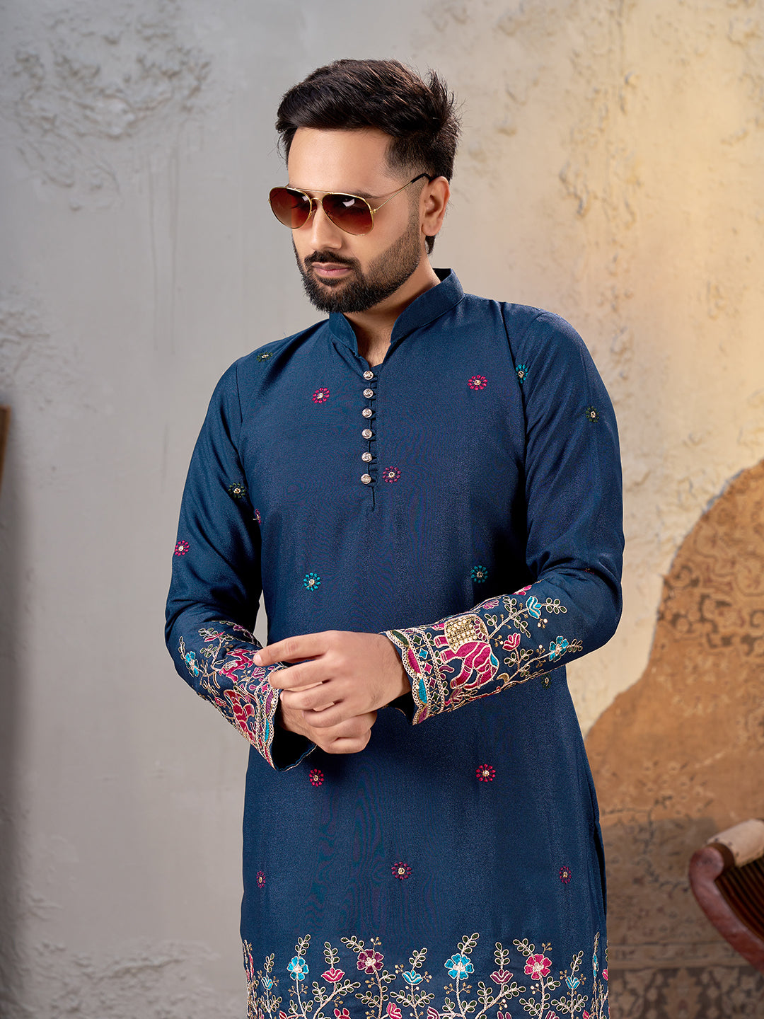 Shopgarb Men’s Navy Blue Star Georgette Embroidered Kurta – Festive and Ethnic Wear
