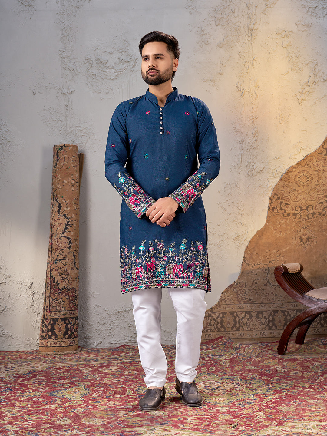 Shopgarb Men’s Navy Blue Star Georgette Embroidered Kurta – Festive and Ethnic Wear