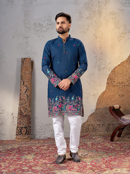 Shopgarb Men’s Navy Blue Star Georgette Embroidered Kurta – Festive and Ethnic Wear