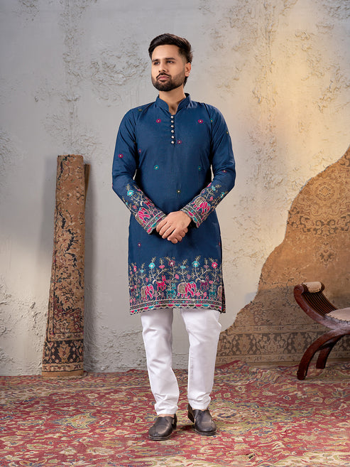 Shopgarb Men’s Navy Blue Star Georgette Embroidered Kurta – Festive and Ethnic Wear