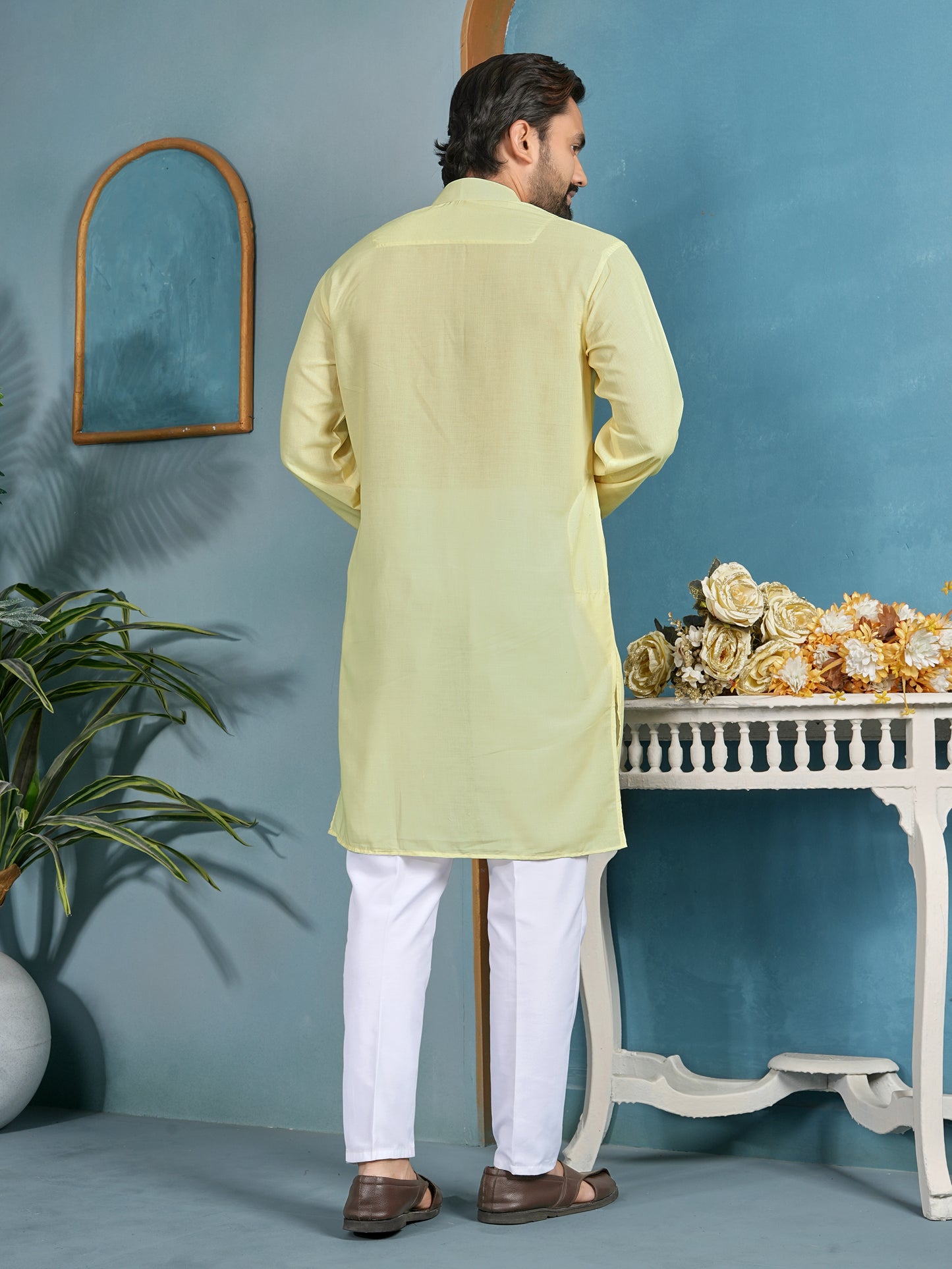 Shopgarb Men’s Light Yellow Cambric Cotton Printed Kurta