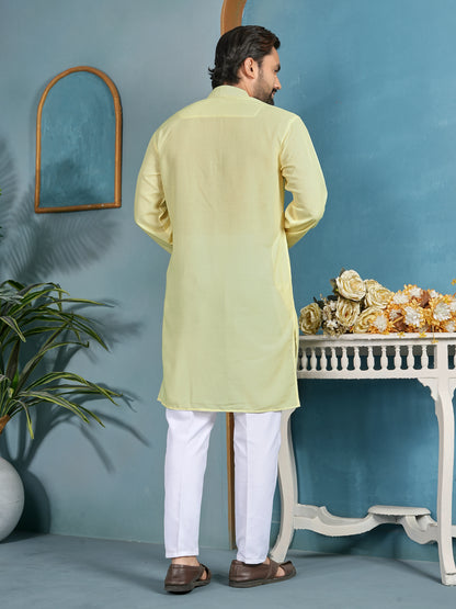 Shopgarb Men’s Light Yellow Cambric Cotton Printed Kurta
