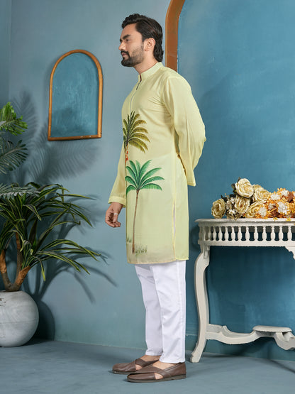 Shopgarb Men’s Light Yellow Cambric Cotton Printed Kurta
