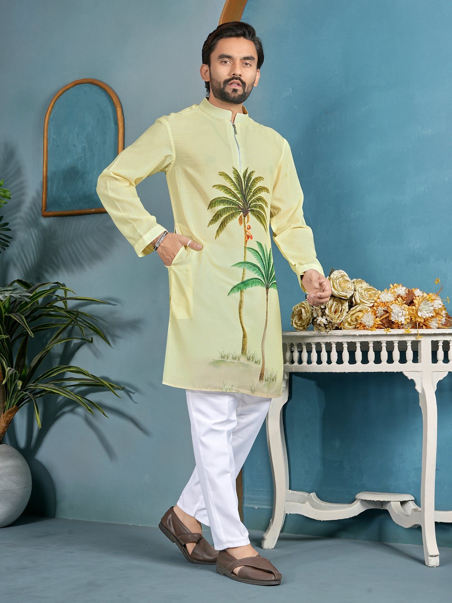 Shopgarb Men’s Light Yellow Cambric Cotton Printed Kurta