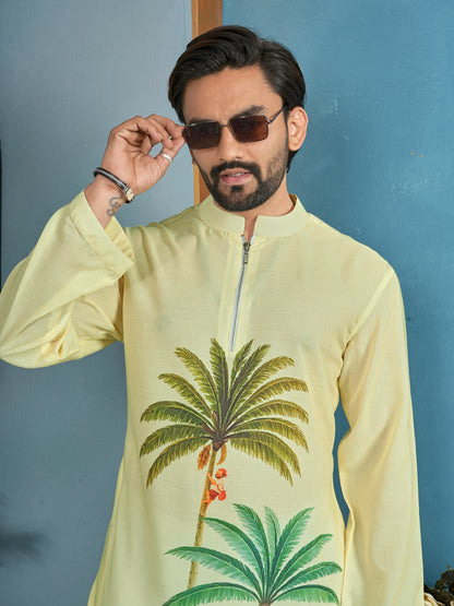 Shopgarb Men’s Light Yellow Cambric Cotton Printed Kurta