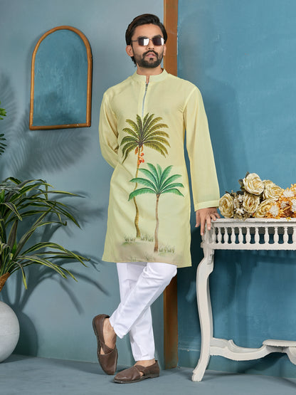 Shopgarb Men’s Light Yellow Cambric Cotton Printed Kurta