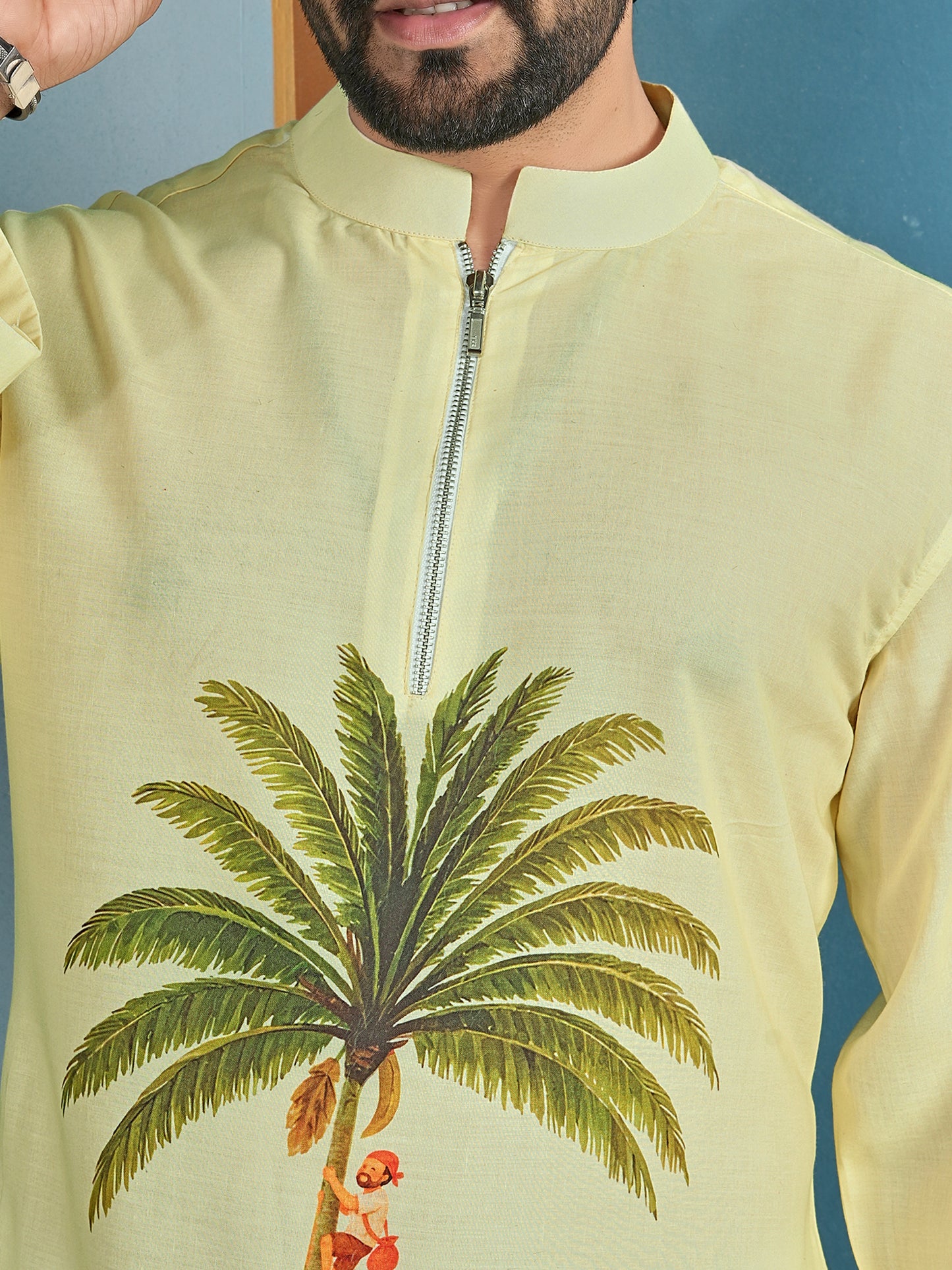 Shopgarb Men’s Light Yellow Cambric Cotton Printed Kurta