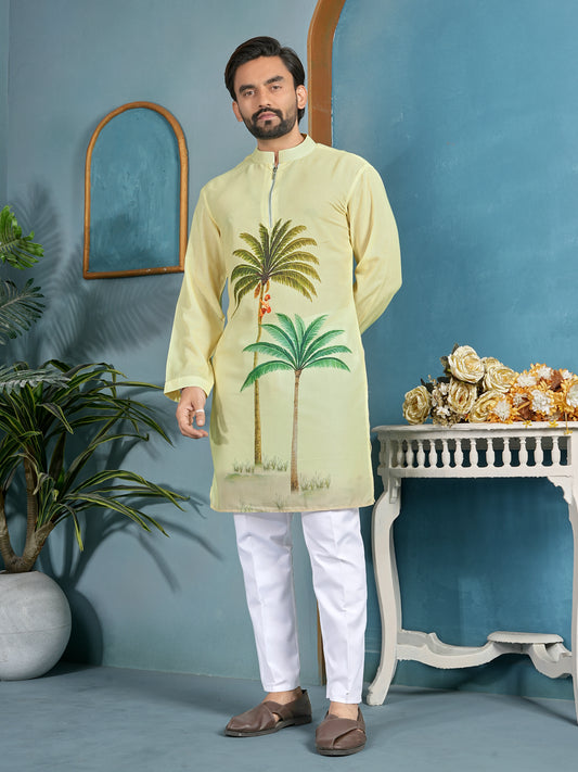 Shopgarb Men’s Light Yellow Cambric Cotton Printed Kurta