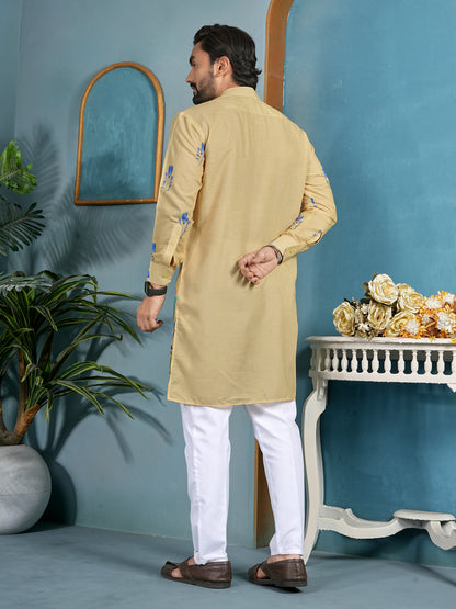 Shopgarb Men’s Beige Cambric Cotton Floral Printed Kurta