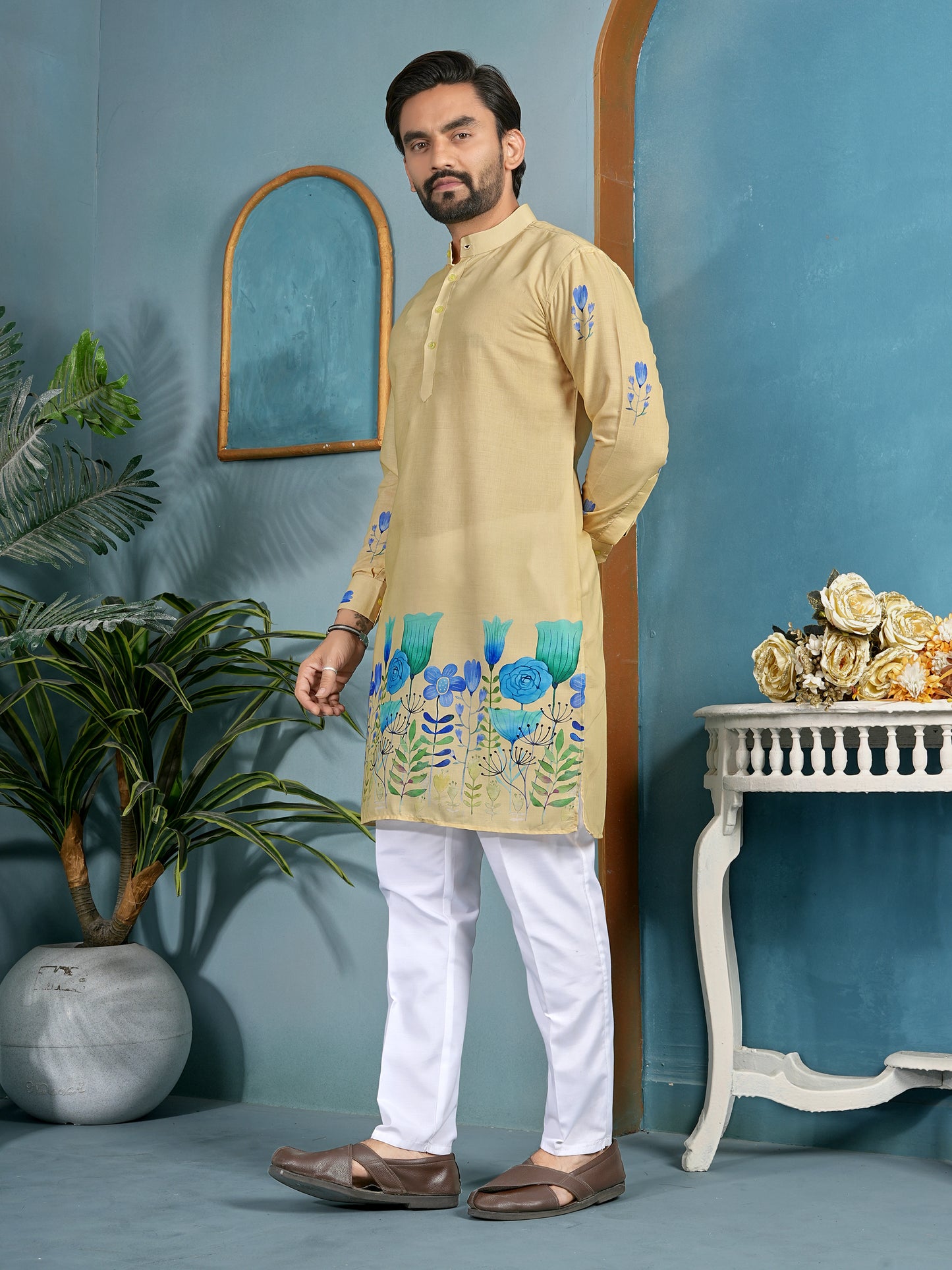 Shopgarb Men’s Beige Cambric Cotton Floral Printed Kurta