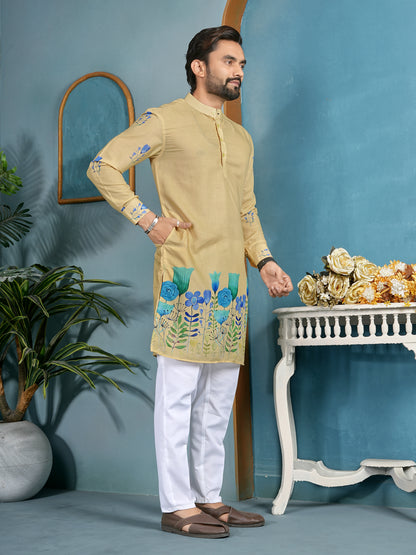Shopgarb Men’s Beige Cambric Cotton Floral Printed Kurta