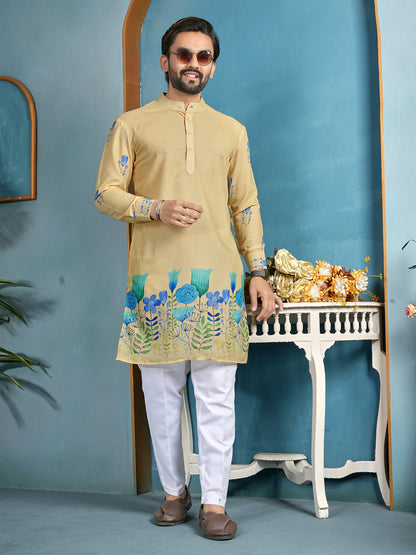 Shopgarb Men’s Beige Cambric Cotton Floral Printed Kurta